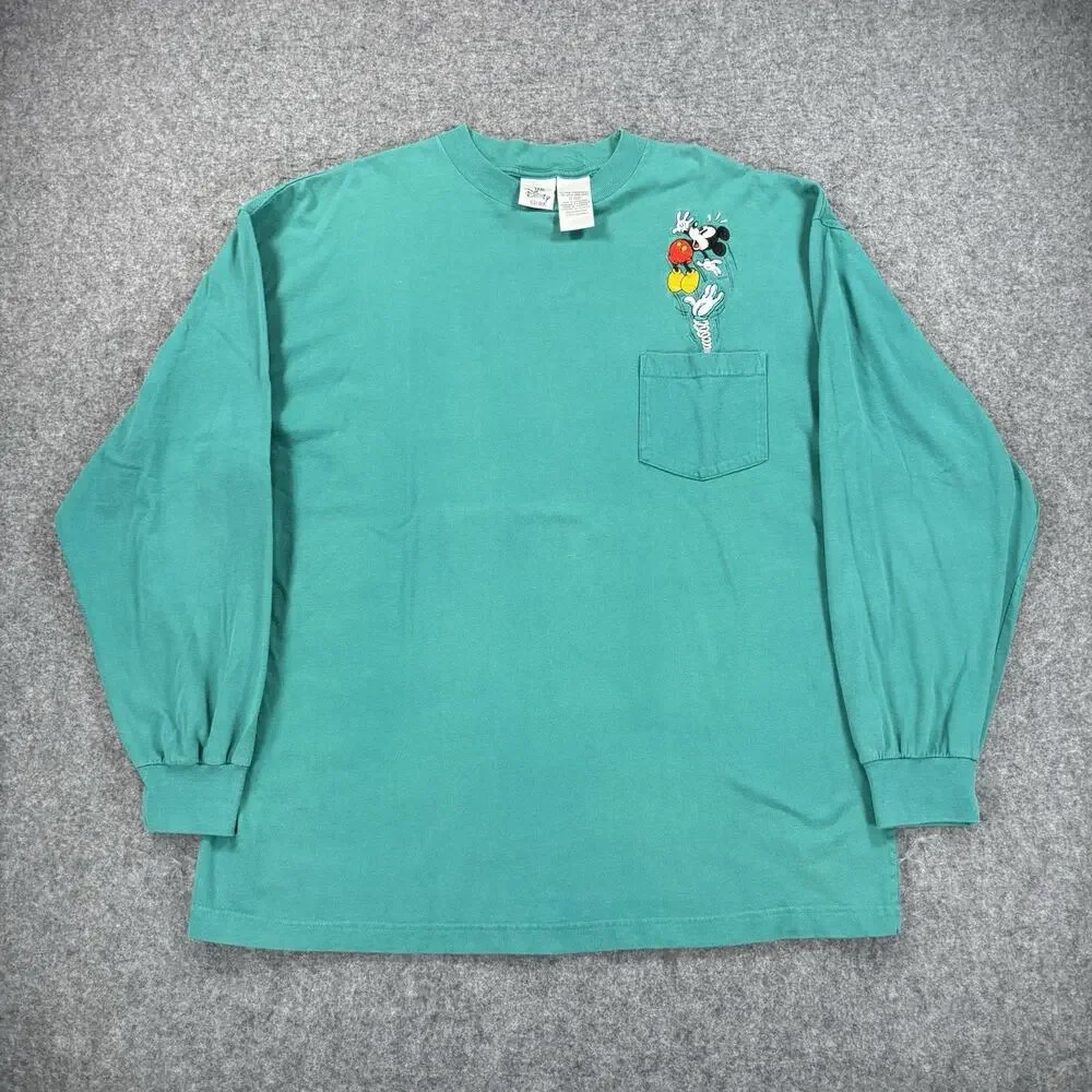 Vintage Disney Store Mickey Mouse Spring Pocket Long Sleeve T Shirt XL Teal